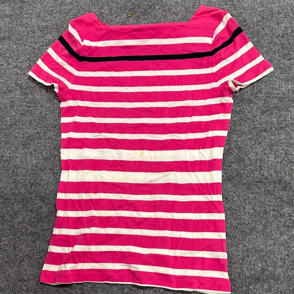 Chaps Shirt Womens Size M Pink White Striped Cotton Boat Neck Short Sleeve Top